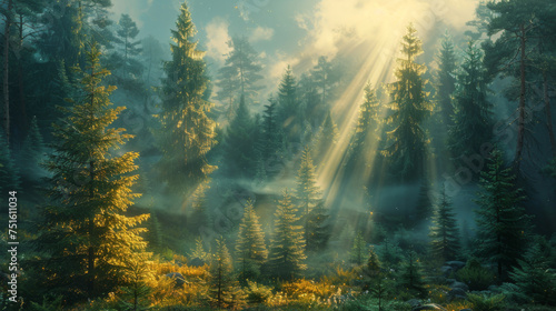 Natural Forest of Spruce Trees, Sunbeams through Fog create mystic Atmosphere.