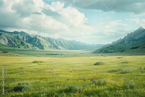 A large mountain steppe valley and summer pasture. © Hunman