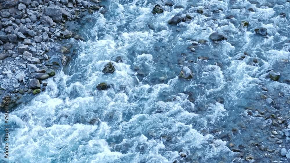 Cold Autumn Time Strong Current Mountain Rocky River Top View Cold Autumn Time Strong Current Mountain Rocky River Top View
