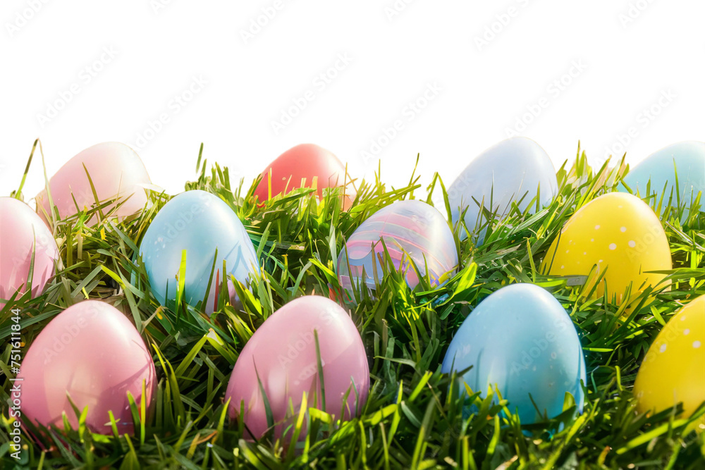 Colorful Easter eggs hidden in green grass isolation on white, transparent background
