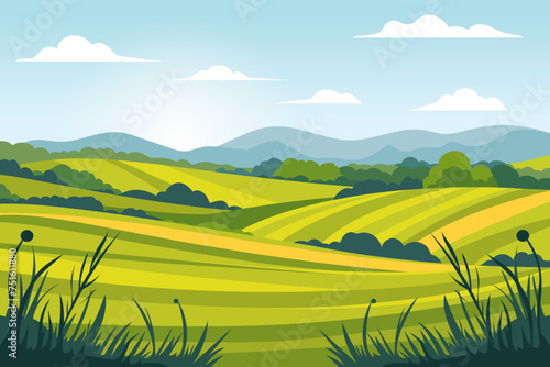 Farm landscape with colorful fields, meadows and mountains in the background. Natural landscape. Beautiful landscape vector illustration of mountains, forests, fields and meadows.