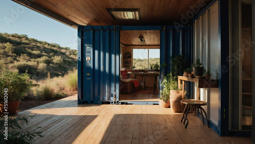 A sunlit shipping container dwelling, perfectly adorned for a sustainable lifestyle. © xKas