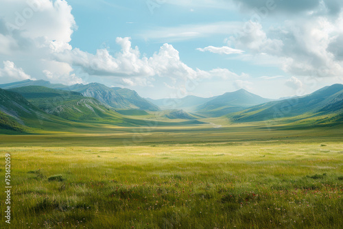 A large mountain steppe valley and summer pasture. photo