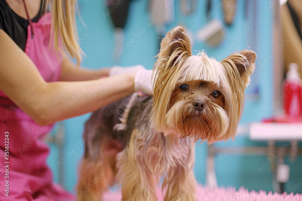 Fur Fashion a dog groomer adding the final touches to a poochs stylish haircut in a chic pet salon Fur Fashion a dog groomer adding the final touches to a poochs stylish haircut in a chic pet salon