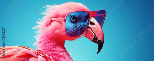 A majestic bird basks in the sunshine, its vibrant feathers illuminated by the rays of light as it stands tall with its pink sunglasses perched atop its beak, exuding a wild and carefree confidence