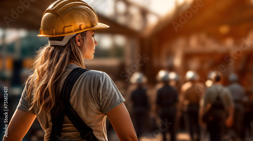 Rearward view of a woman construction laborer with helmet. Generative AI