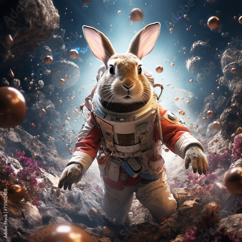 A rabbit in a space suit is standing in a room full of flowers © PPstock