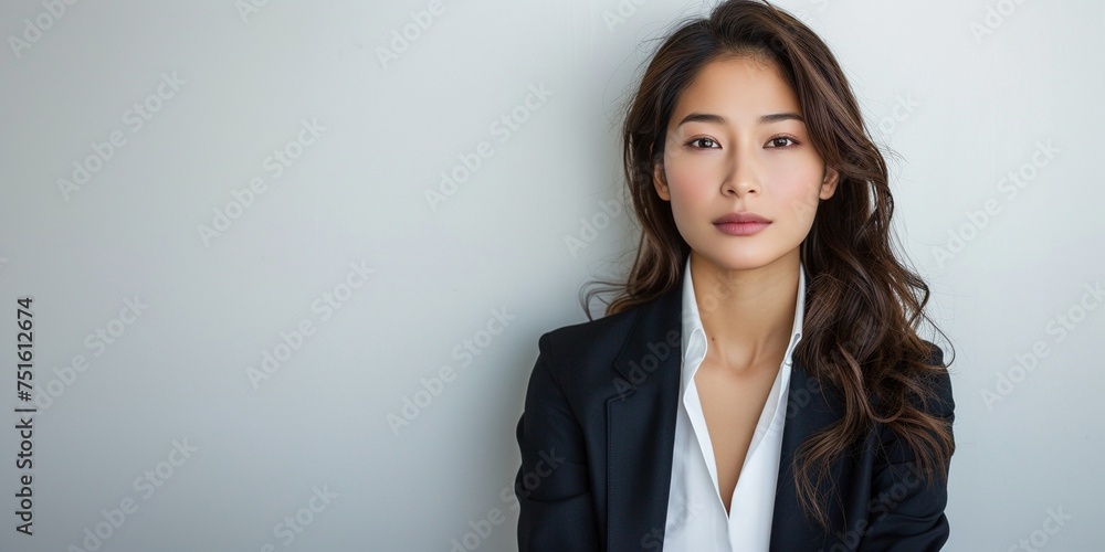 Immerse yourself in the photorealistic depiction of a captivating Asian businesswoman on a pristine white backdrop, ensuring clarity and sharpness for a refined business banner design Immerse yourself in the photorealistic depiction of a captivating Asian businesswoman on a pristine white backdrop, ensuring clarity and sharpness for a refined business banner design