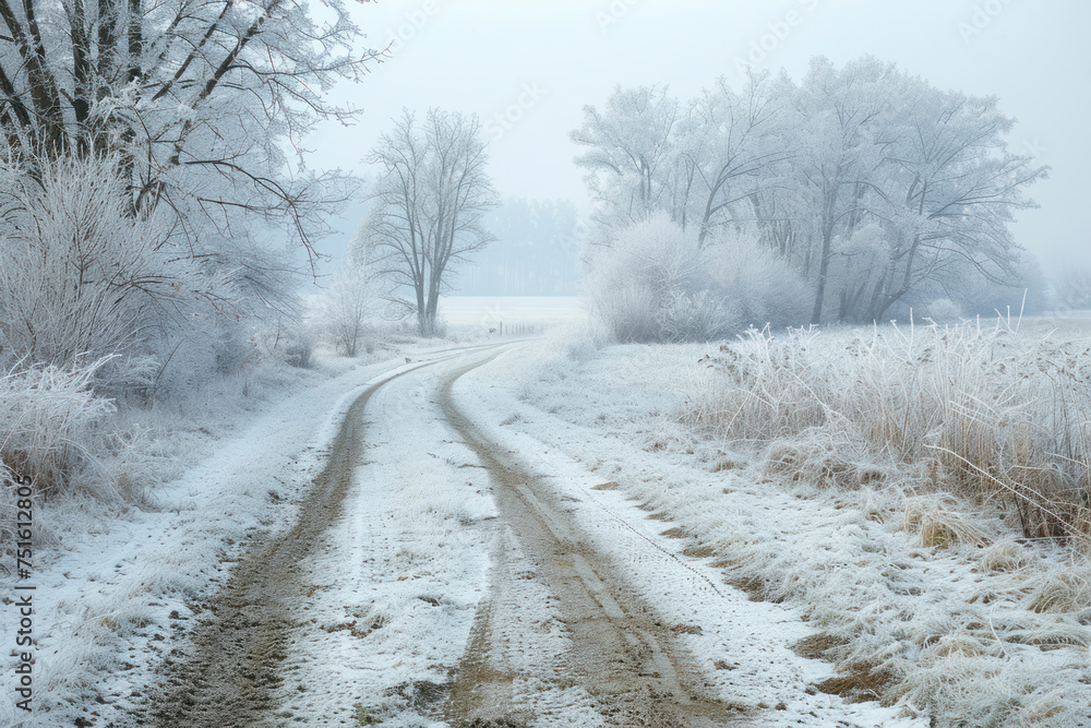 Dirt road leading to frosted woodland along snowy farmland.