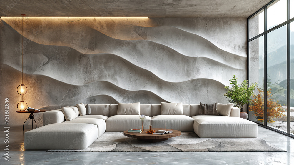 Modern living room interior, bathed in velvety peach fuzz colors