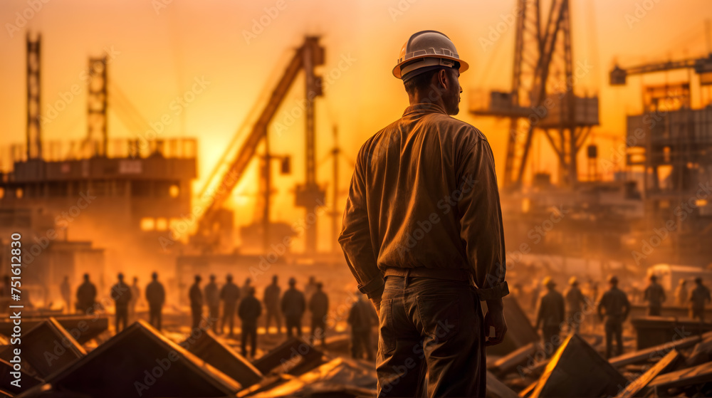 Silhouette of a construction worker against the orange sunset, Generative AI Silhouette of a construction worker against the orange sunset, Generative AI