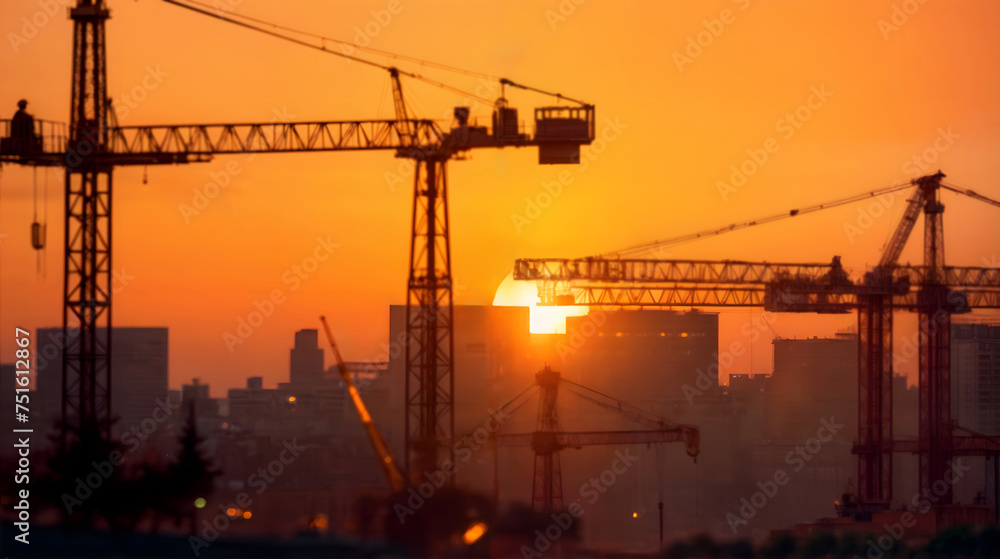 Silhouette of construction cranes against orange sunset, Generative AI