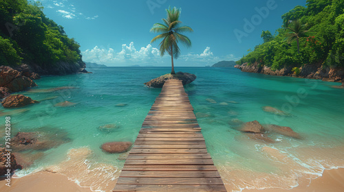 Nature panoramic landscape: Amazing Panorama sandy tropical beach with silhouette coconut palm tree in crystal clear sea and scenery wooden bridge out of the horizon / Palm and tropical beach.