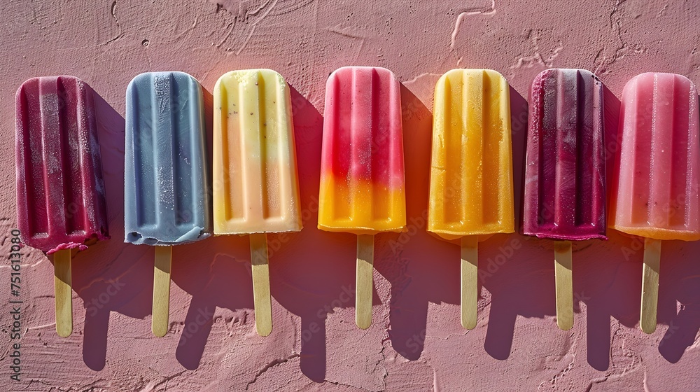 Five colorful popsicles neatly lined up against a pink wall, the frozen treats stand out against the vibrant background, ready to provide a cool relief on a hot summer day Five colorful popsicles neatly lined up against a pink wall, the frozen treats stand out against the vibrant background, ready to provide a cool relief on a hot summer day