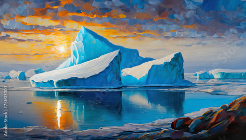 Oil painting of North Pole landscape with melting ice in blue water. Icy arctic glacier. © hardvicore
