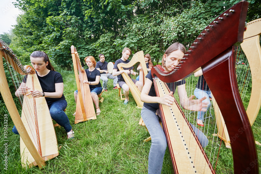 Ensemble of seven musicians play harps outdoors - obrazy, fototapety, plakaty 
