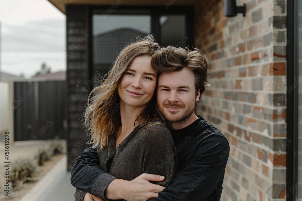A joyful millennial couple embraces in front of their sleek modern home, radiating happiness and excitement A joyful millennial couple embraces in front of their sleek modern home, radiating happiness and excitement