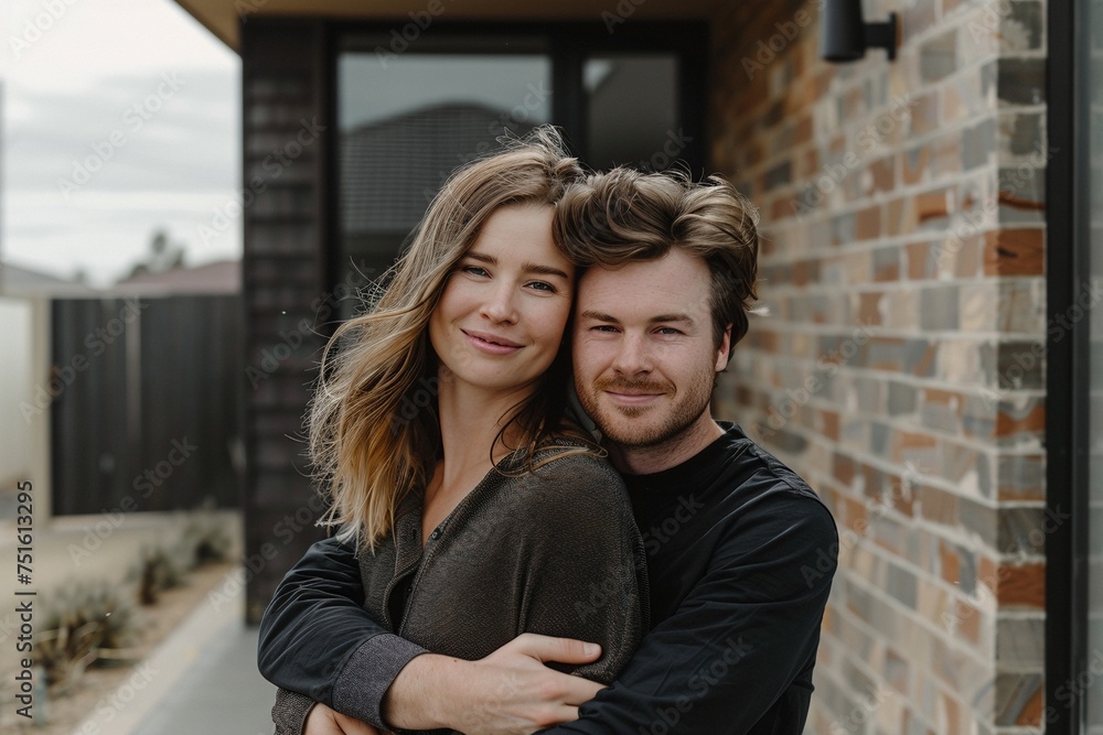 A joyful millennial couple embraces in front of their sleek modern home, radiating happiness and excitement