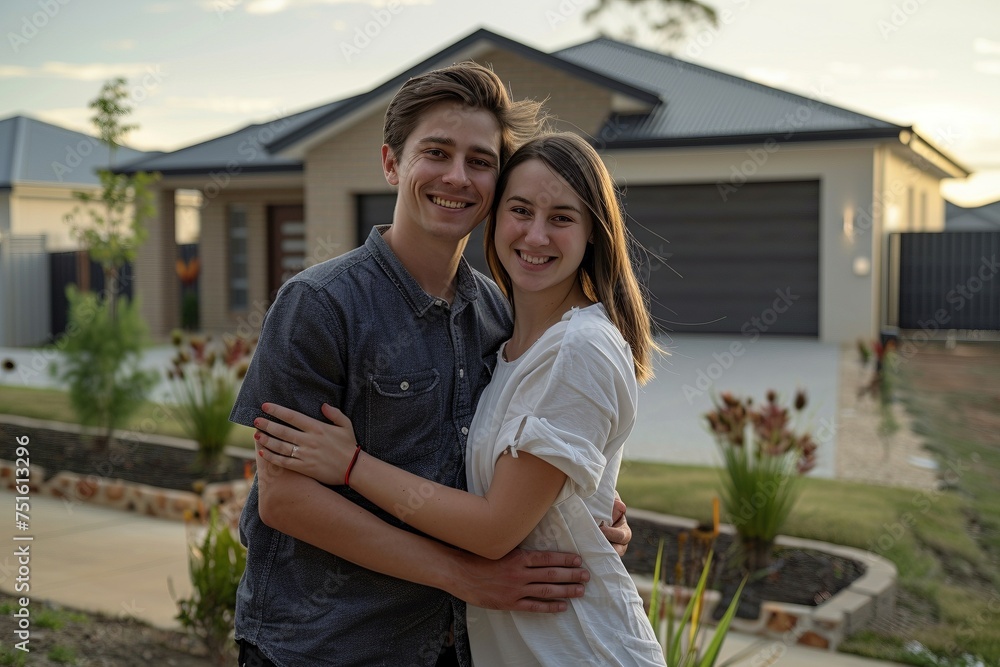 A joyful millennial couple embraces in front of their sleek modern home, radiating happiness and excitement