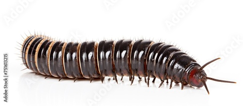 A black and brown caterpillar is crawling on a plain white background. The caterpillar is moving slowly, showcasing its unique coloration and segmented body.