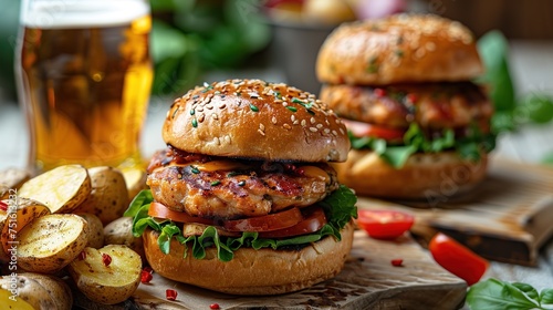 Two delicious homemade burgers of beef, cheese and vegetables on an old wooden table.