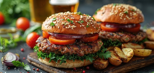 Wallpaper Mural Two delicious homemade burgers of beef, cheese and vegetables on an old wooden table. Torontodigital.ca