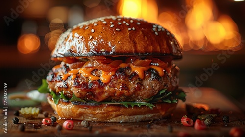 Close-up of home made tasty burger with french fries and fire flames