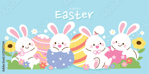 Happy Easter day rabbit background vector. Cute wallpaper of lovely white rabbit, easter eggs, bunny, flower, leaf. Spring April holiday illustration for banner, greeting card, social media.