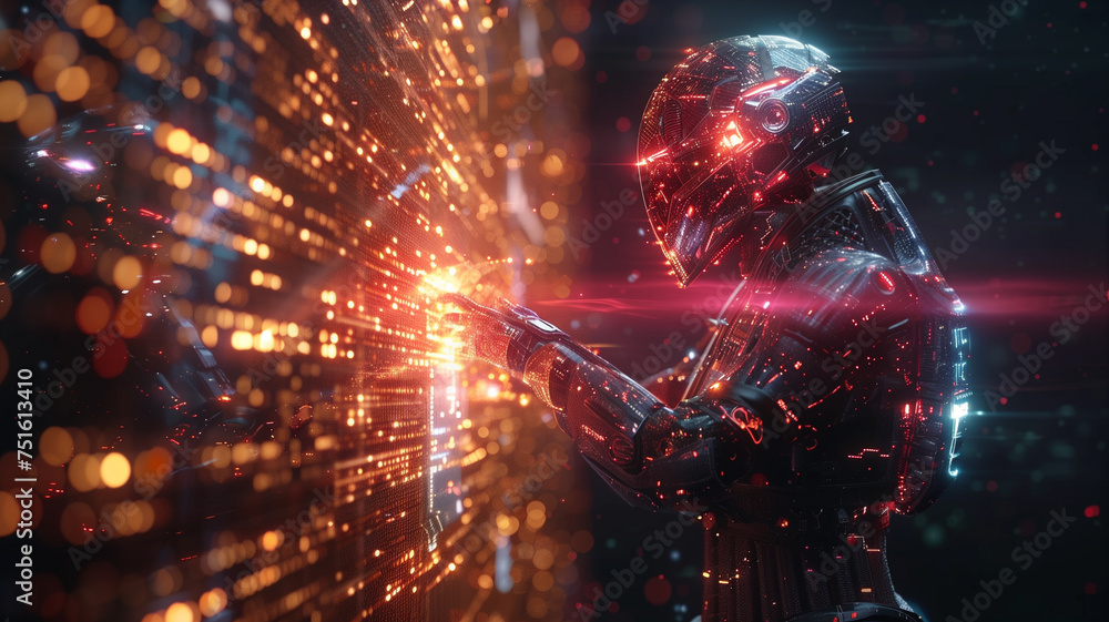 guardian in digital armor, holding a shield and sword made of advanced code and encryption patterns guardian in digital armor, holding a shield and sword made of advanced code and encryption patterns