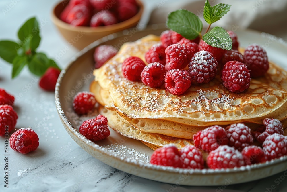 Crepes with jam, berries and sugar powder. Homemade pancakes, delicious breakfast Crepes with jam, berries and sugar powder. Homemade pancakes, delicious breakfast