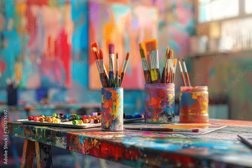 Vibrant Art Studio with Colorful Paints and Brushes Vibrant Art Studio with Colorful Paints and Brushes