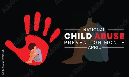 National Child Abuse Prevention Month design. It features a stop hand sign with a depressed sitting child. Vector illustration
