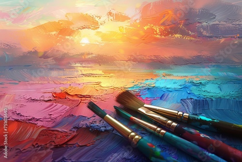 Colorful Sunset Paint Brushes on Canvas photo