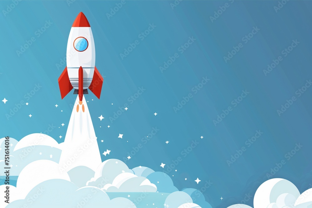 Fototapeta premium Minimalist illustration of a rocket launching symbolizing startup growth and ambition against a motivating sky blue background with copyspace for inspiring messages