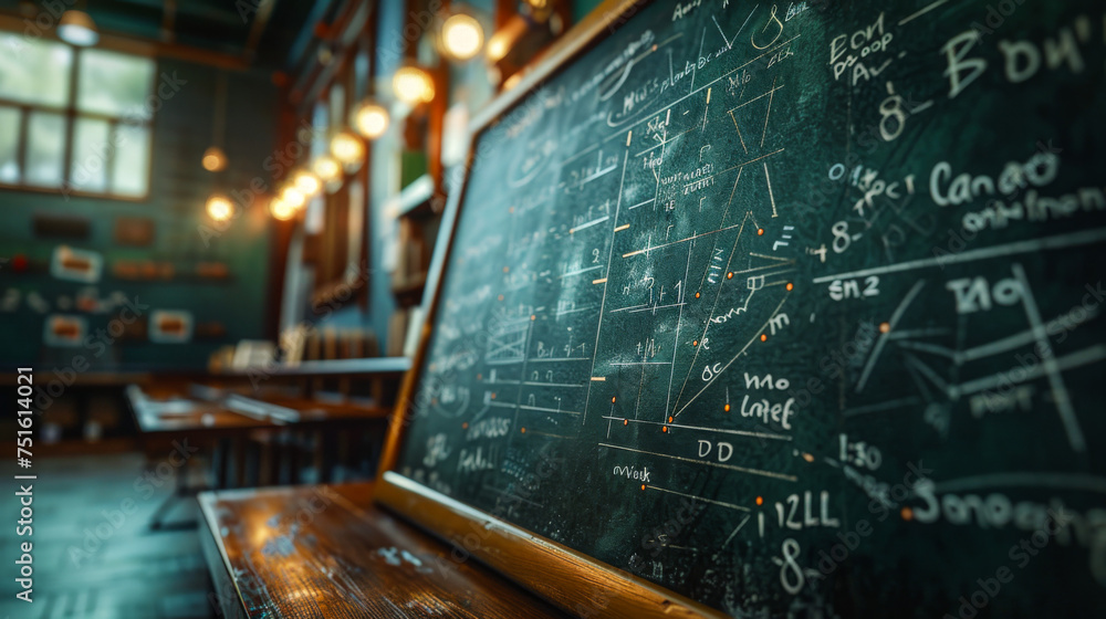 Mathematical equations on a chalkboard in an old-style classroom