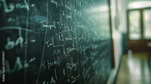 Blackboard with blurred mathematical equations in a classroom