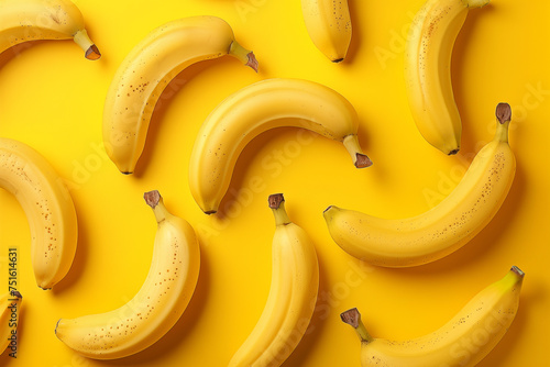 Ripe bananas, isolated vibrant yellow background, top view. Flat lay pattern. Summer fruit natural wallpaper. Concept of healthy eating, tropical fruit, vegetarian raw food.