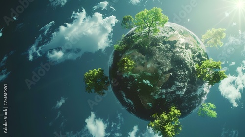 Earth planet with green trees and blue sky background. 3d rendering