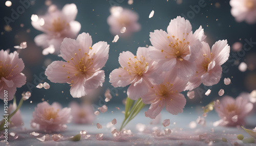 Fantasy closeup pink flowers and blue sky bokeh background, copy space, magical background, girls bedroom wallpaper, gorgeous, lovely magic flowers concept background