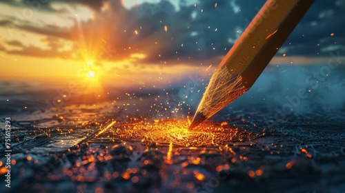 Pencil Pointing towards a Sunset Over Water in Abstract Style