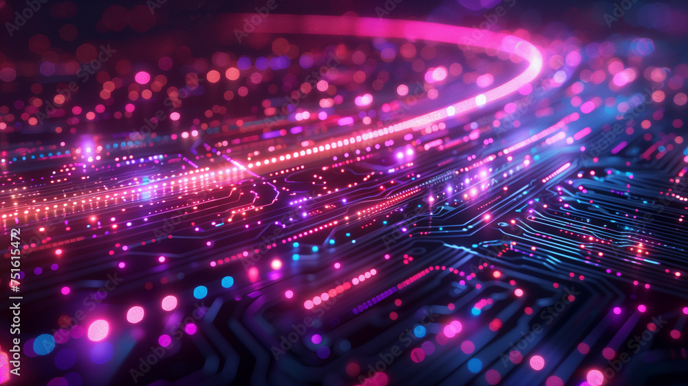 A dynamic cybernetic interface with glowing purple and cyan lines