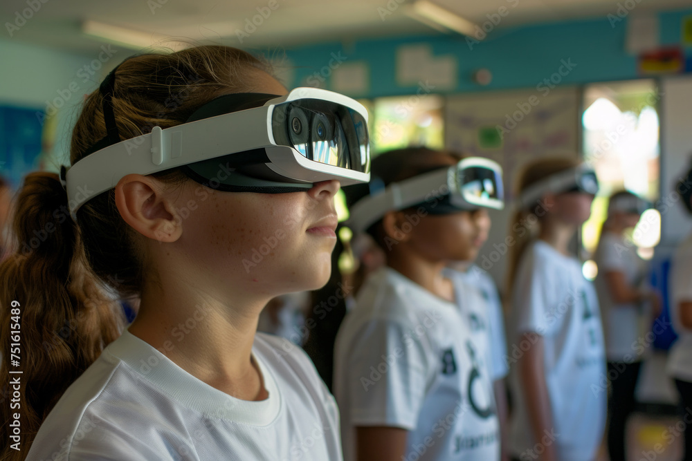 A boy wearing a VR headset is sitting in a classroom with other students. The boy is looking at something middle school student wearing AR headsets in school classroom, students in background A boy wearing a VR headset is sitting in a classroom with other students. The boy is looking at something middle school student wearing AR headsets in school classroom, students in background