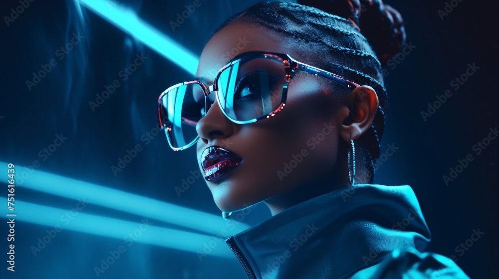 Girl dons augmented reality glasses. Gorgeous digital landscape comes alive. Girl dons augmented reality glasses. Gorgeous digital landscape comes alive.