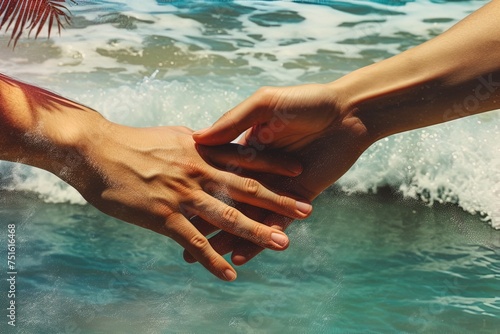 Hands holding on a tropical beach. Retro vibe.