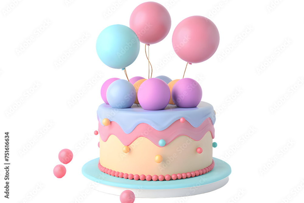 Birthday cake with balloons and ribbons 3d render isolated on transparent background Birthday cake with balloons and ribbons 3d render isolated on transparent background