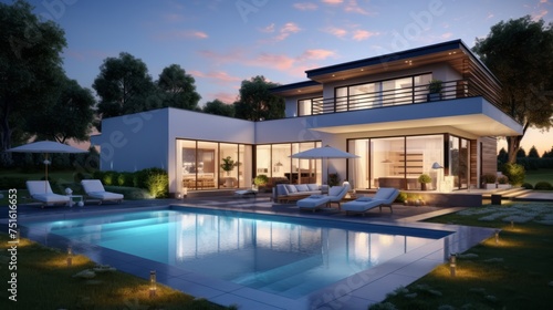 modern residential building with lighting and swimming pool in garden in the evening