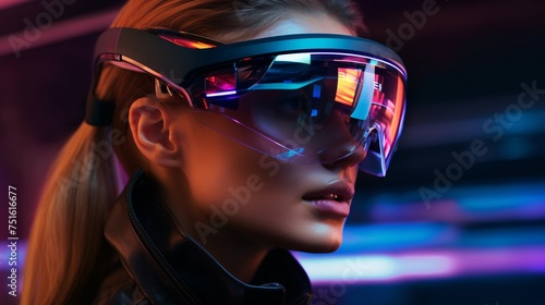 Girl dons augmented reality glasses. Gorgeous digital landscape comes alive. © IgitPro