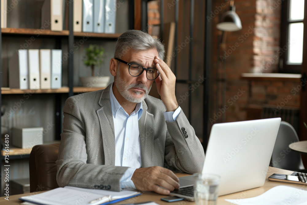 Man works at laptop with headache, took hands on temples, works with glasses vision problem Man works at laptop with headache, took hands on temples, works with glasses vision problem