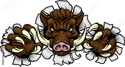 A wild boar, hog razorback warthog pig mean tough cartoon sports mascot