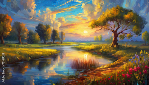 Abstract oil painting of river and forest. Orange sun in sky. Beautiful natural landscape. © hardvicore